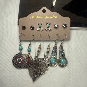 Fashion Jewelry Turquoise and Silver Earring Collection 6 Pieces